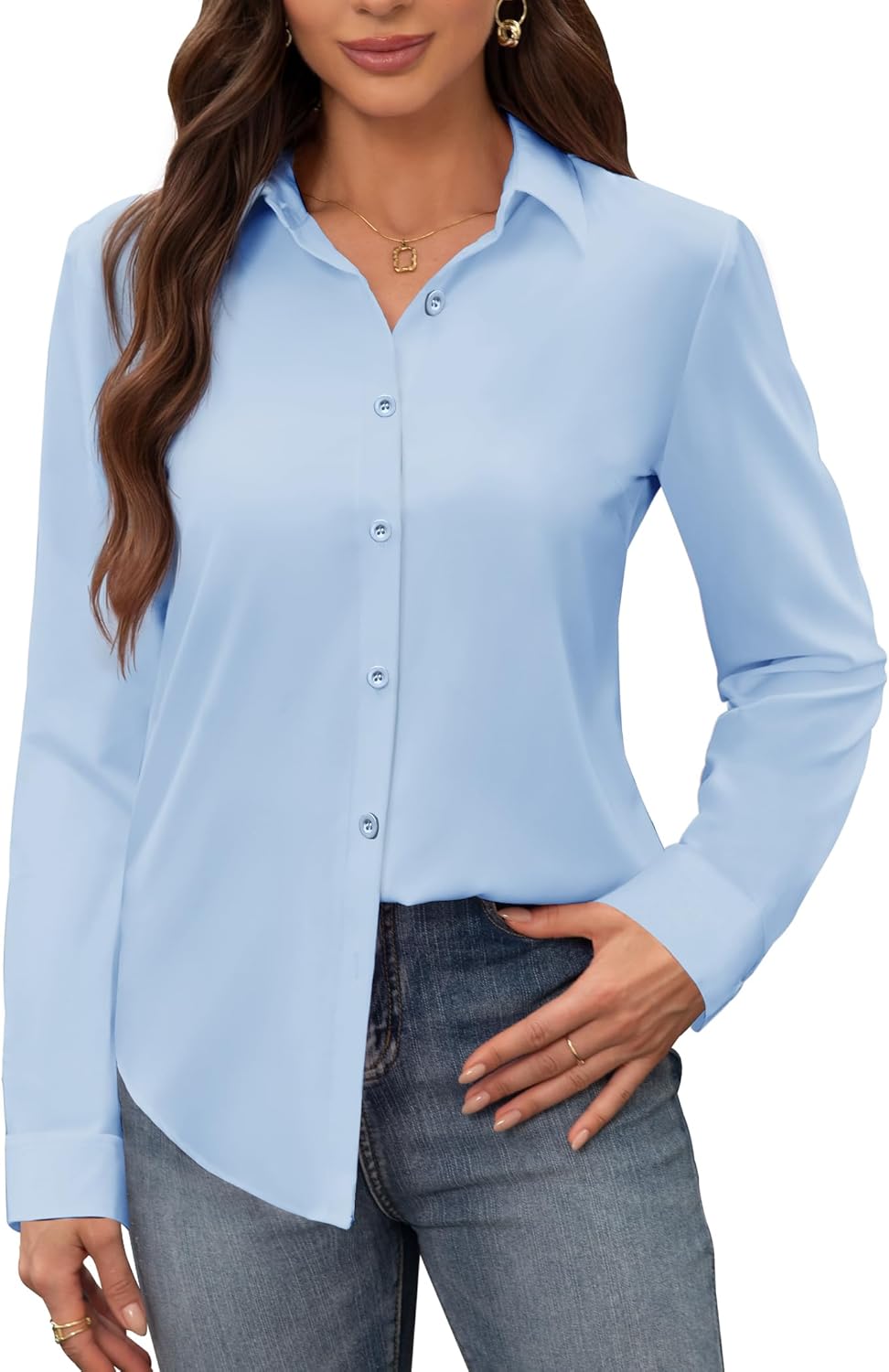 siliteelon Women's Stain Shield Dress Shirts Wrinkle Free Long Sleeve Shirts Solid Work Business Button Down Shirts