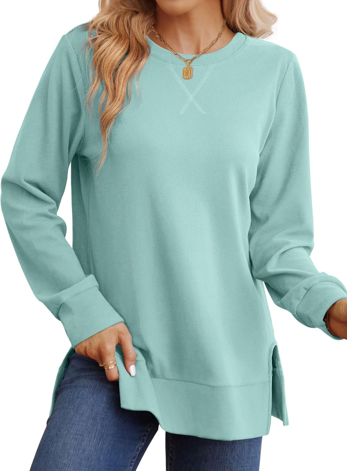 Saloogoe Sweatshirt for women Side Split Fall Fashion 2025 Long Sleeve Shirts Trending Now