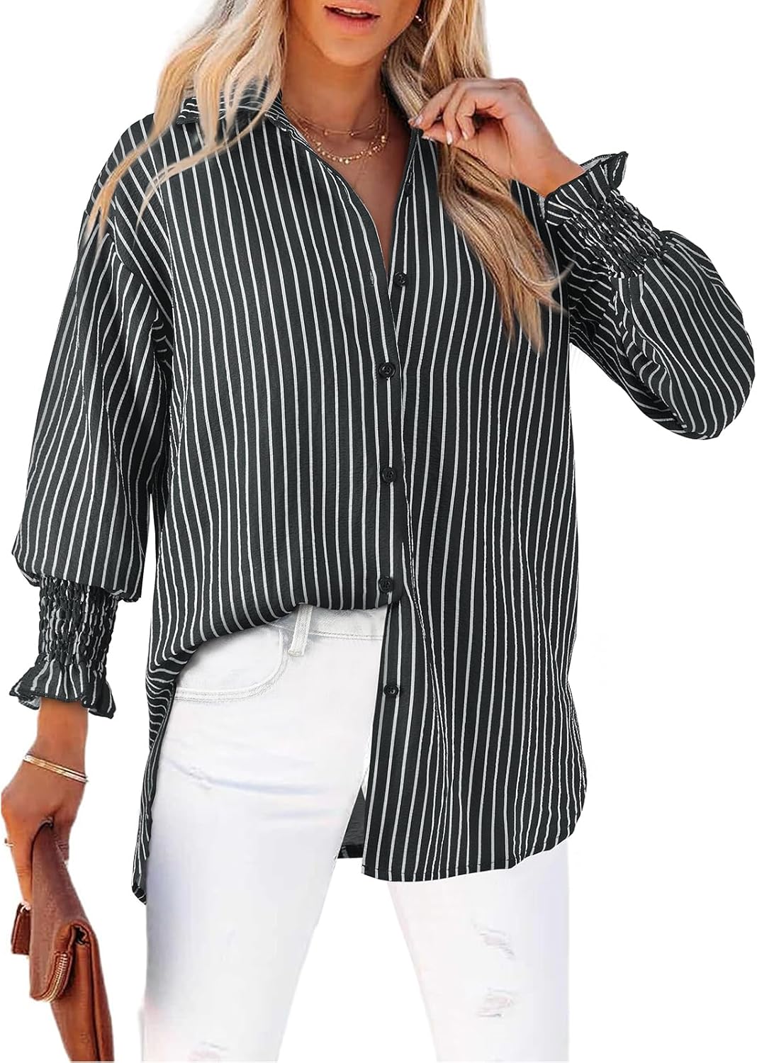 Women's Striped Button Down Shirts Long Sleeve Smocked Cuffed Oversized Boyfriend Blouses Collared Work No Pockets Tops