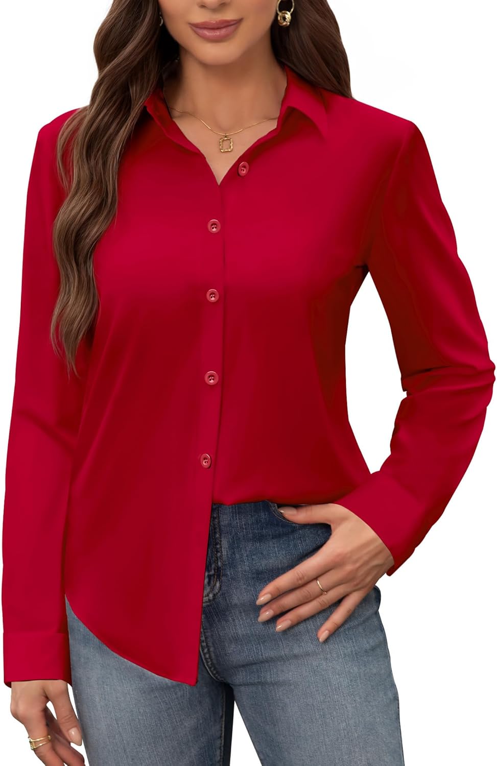 siliteelon Women's Stain Shield Dress Shirts Wrinkle Free Long Sleeve Shirts Solid Work Business Button Down Shirts