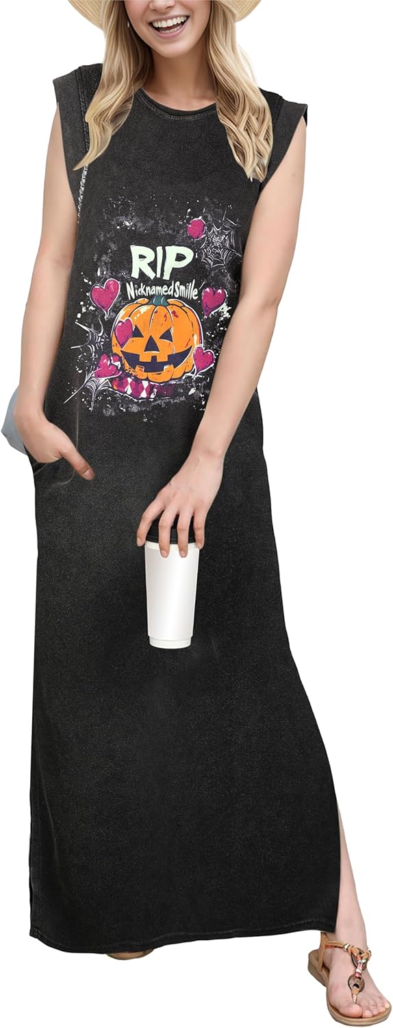 GRECERELLE 2025 Women Year-Round Casual Round Neck Loose Split Wrinkle-Free Long Maxi Vacation Dress with Pockets (XS-3XL)