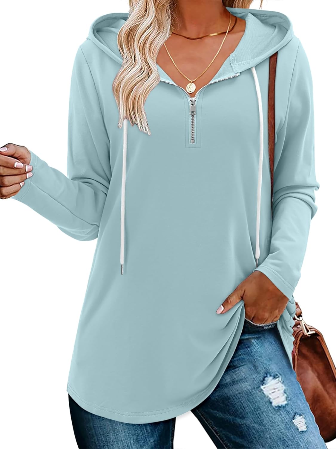 BETTE BOUTIK Womens Quarter Zip Tunic Hoodies Pullover Long Hooded Sweatshirts S-3XL