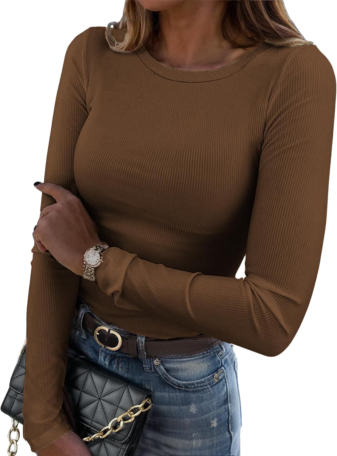 Zeagoo Womens Long Sleeve Stretch Crewneck Ribbed T-Shirt Slim Fit Casual Basic Tops S-XXL