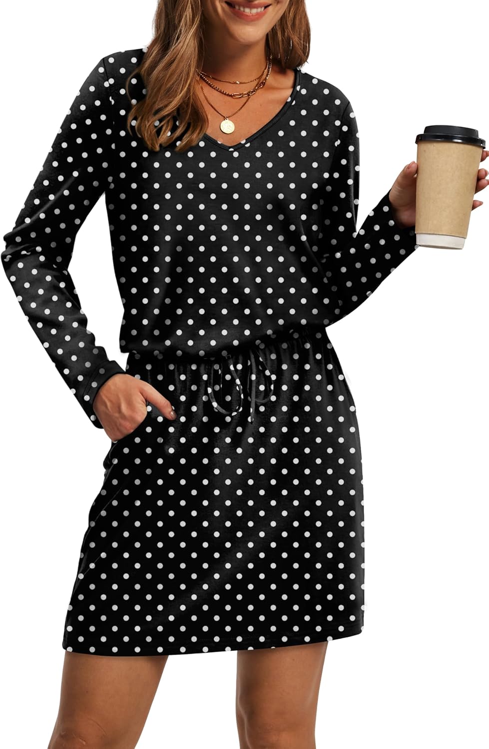 OFEEFAN Fall Dresses for Women 2025 Loose V Neck Long Sleeve T Shirts Casual Sundresses Tie Front A-Line Dresses