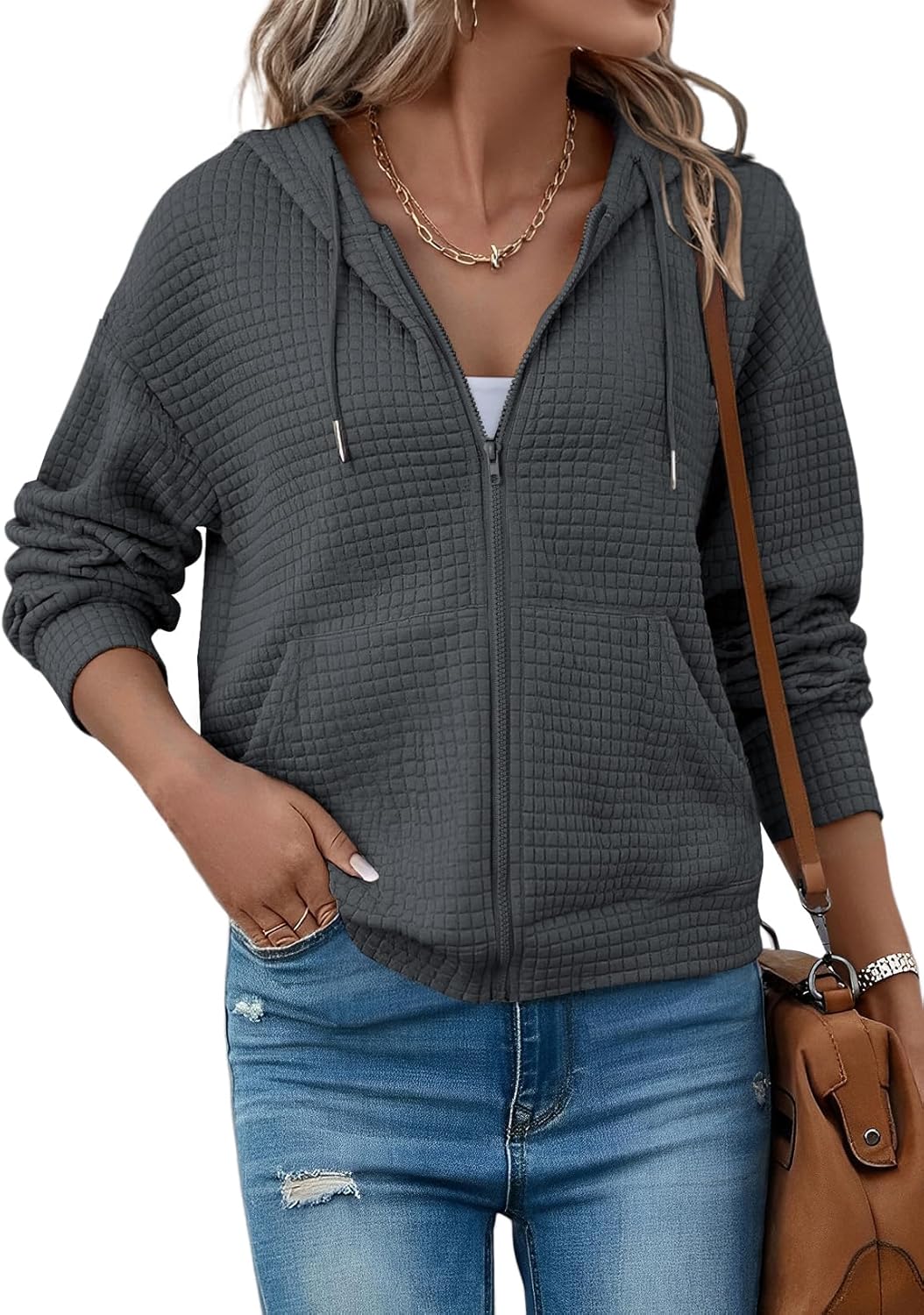 SHEWIN Womens Zip Up Hoodies Oversized Sweatshirt Fall Fashion Outfits 2025 Casual Waffle Hooded Jackets