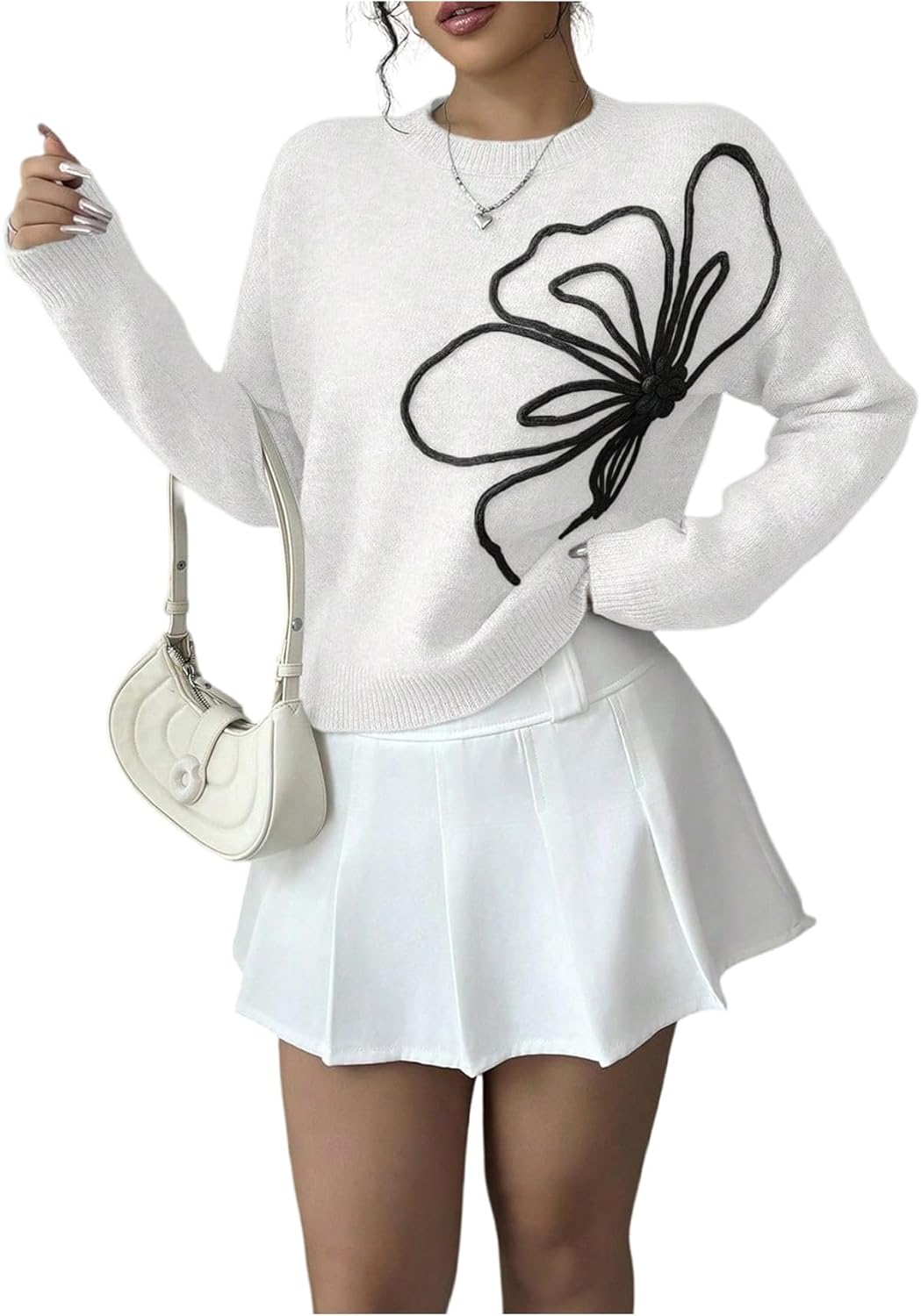 Women's 3D Floral Appliques Crewneck Sweaters Long Sleeve Drop Shoulder Pullovers Elegant Knit Tops