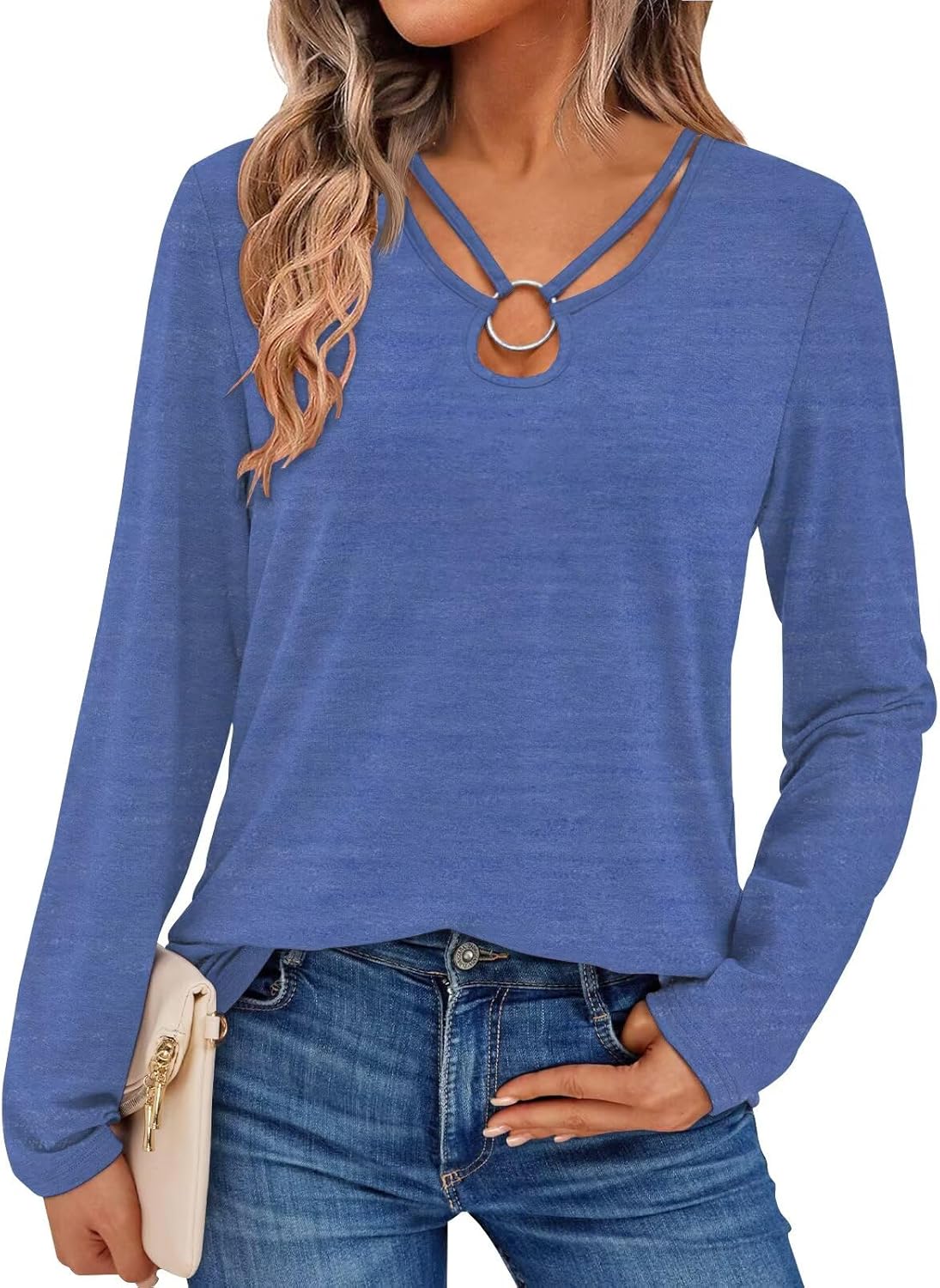 Women's Long Sleeve Tops Keyhole Neck Detail Crew Neck Shirts Ring Cut Out Design Stretchy Tees 2025