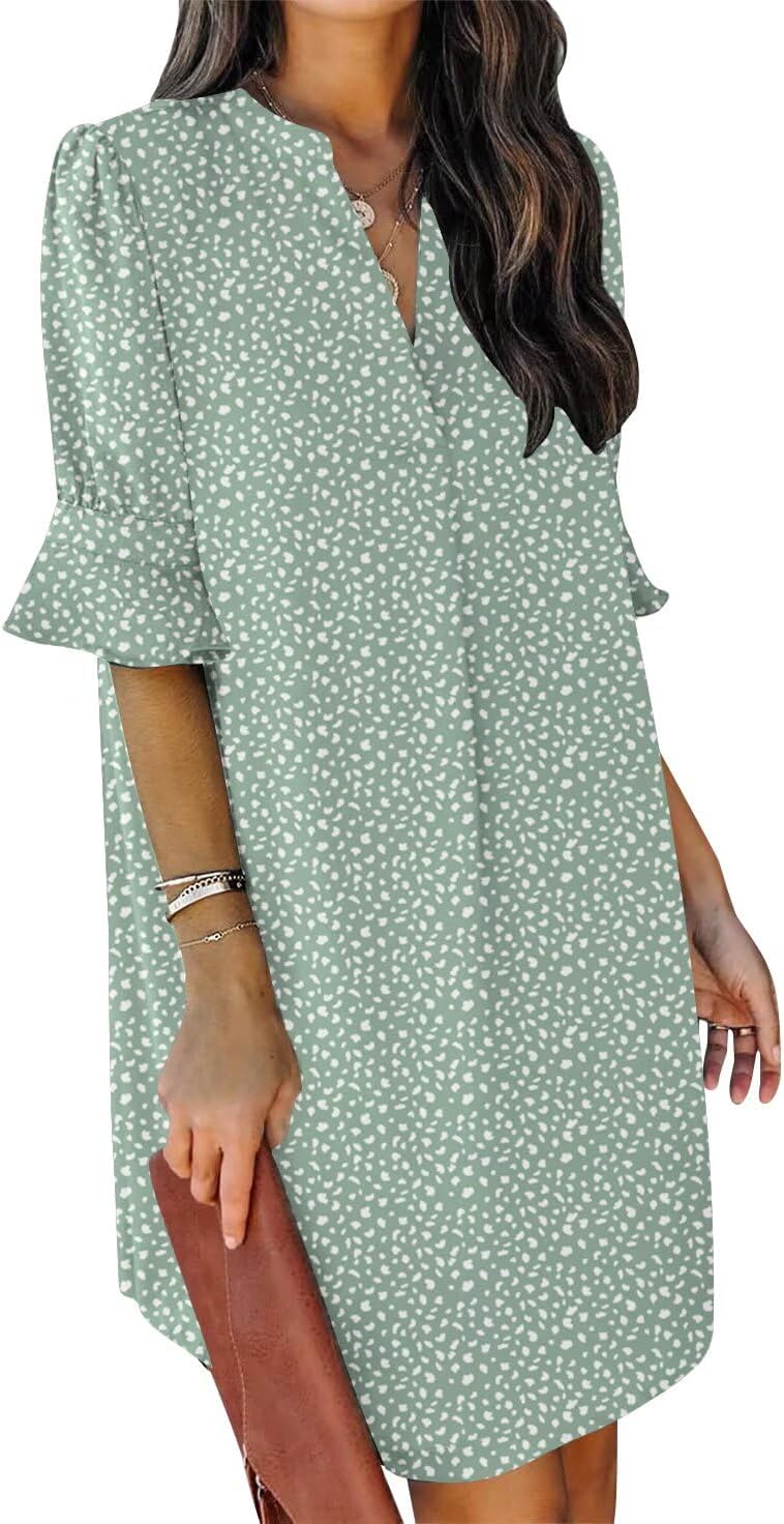 QACOHU Summer Dresses for Women V Neck Ruffle Short Sleeve Casual Shift Dress