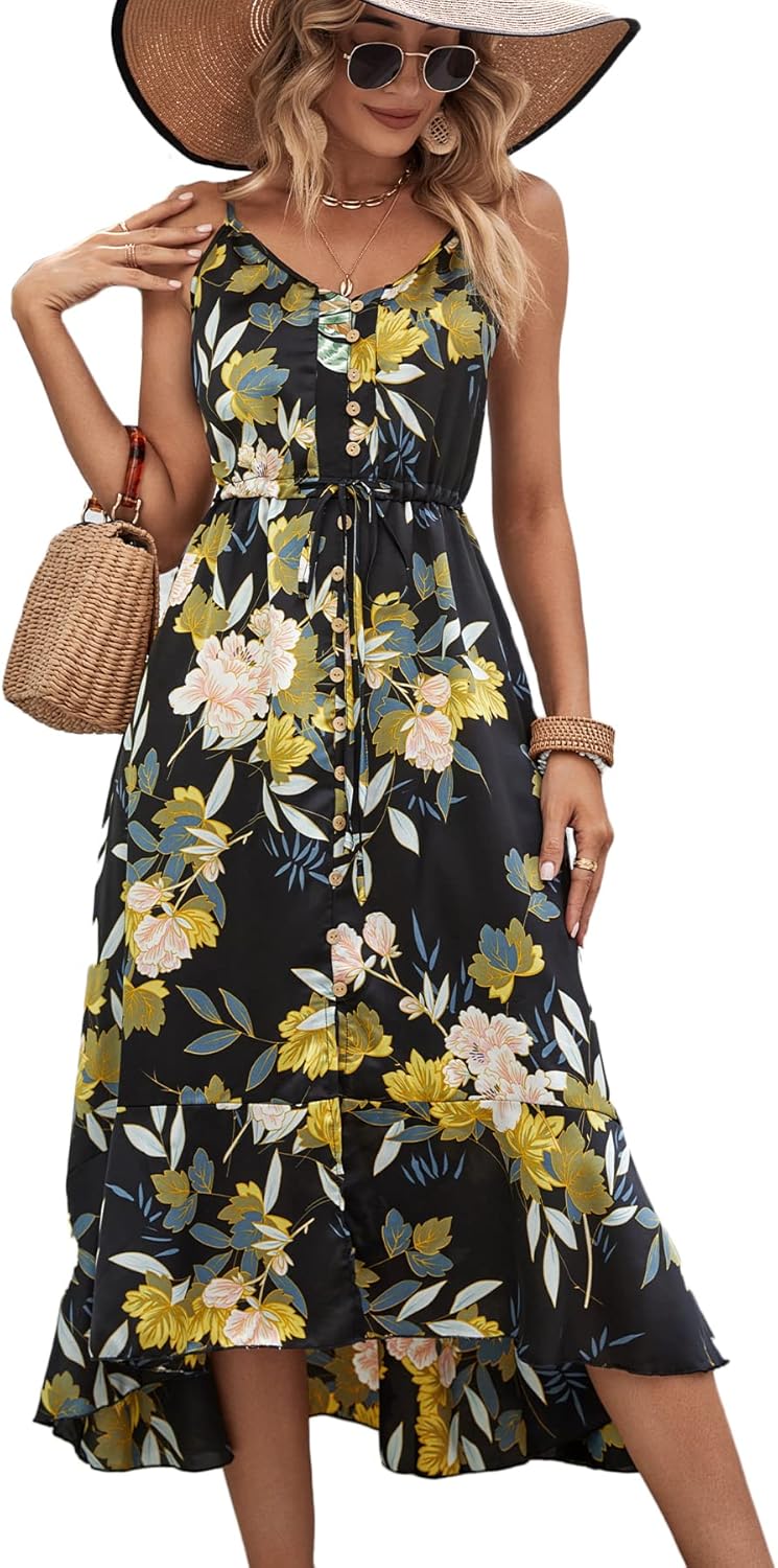 BROVAVE Women's 2025 Summer Casual Boho Sundress Polka Dot Spaghetti Strap V Neck Flowy Midi Dresses