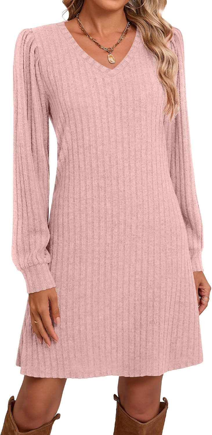 Ficerd Women's Knit Long Sleeve Sweater Dress Casual V Neck Tunic Dresses Fall Trendy Outfits