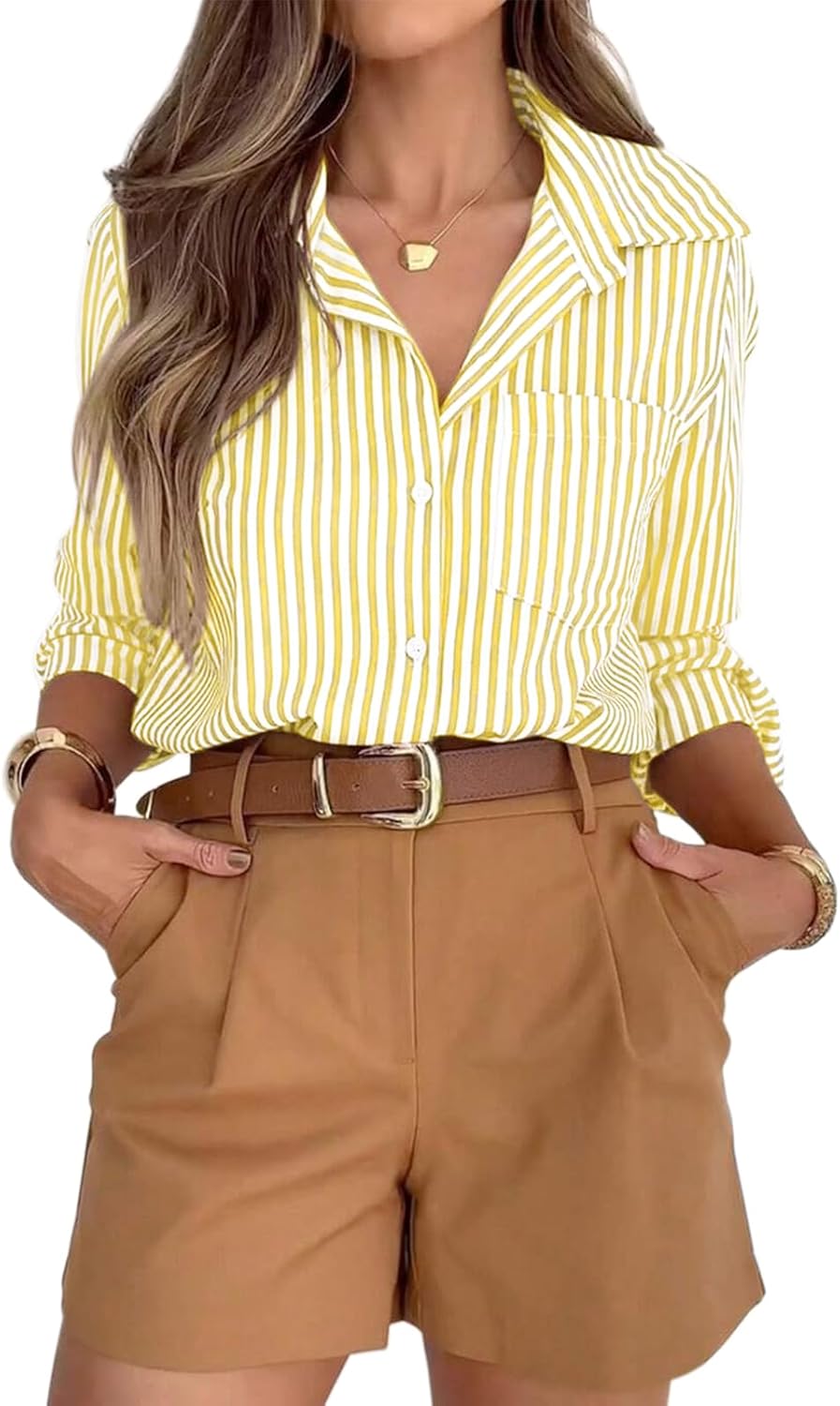 siliteelon Striped Button Down Shirts for Women Dress Shirts Long Sleeve Casual Collared Office Work Shirt with Pocket