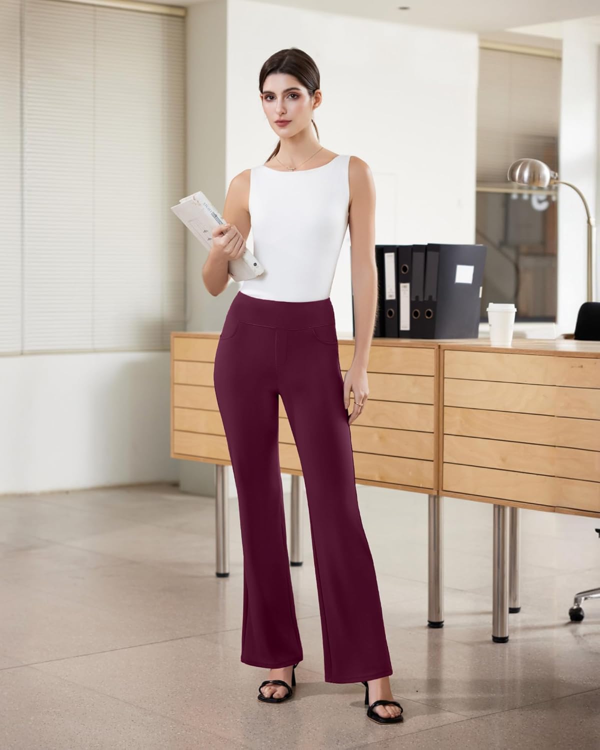 Womens Dress Pants Stretchy Work Pants Business Casual Office Trousers Pull On Flare Slacks with 4 Pockets