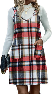 IDEALSANXUN Plaid Overall Dress for Women Fall Winter Sleeveless Plaid Dresses with Pockets