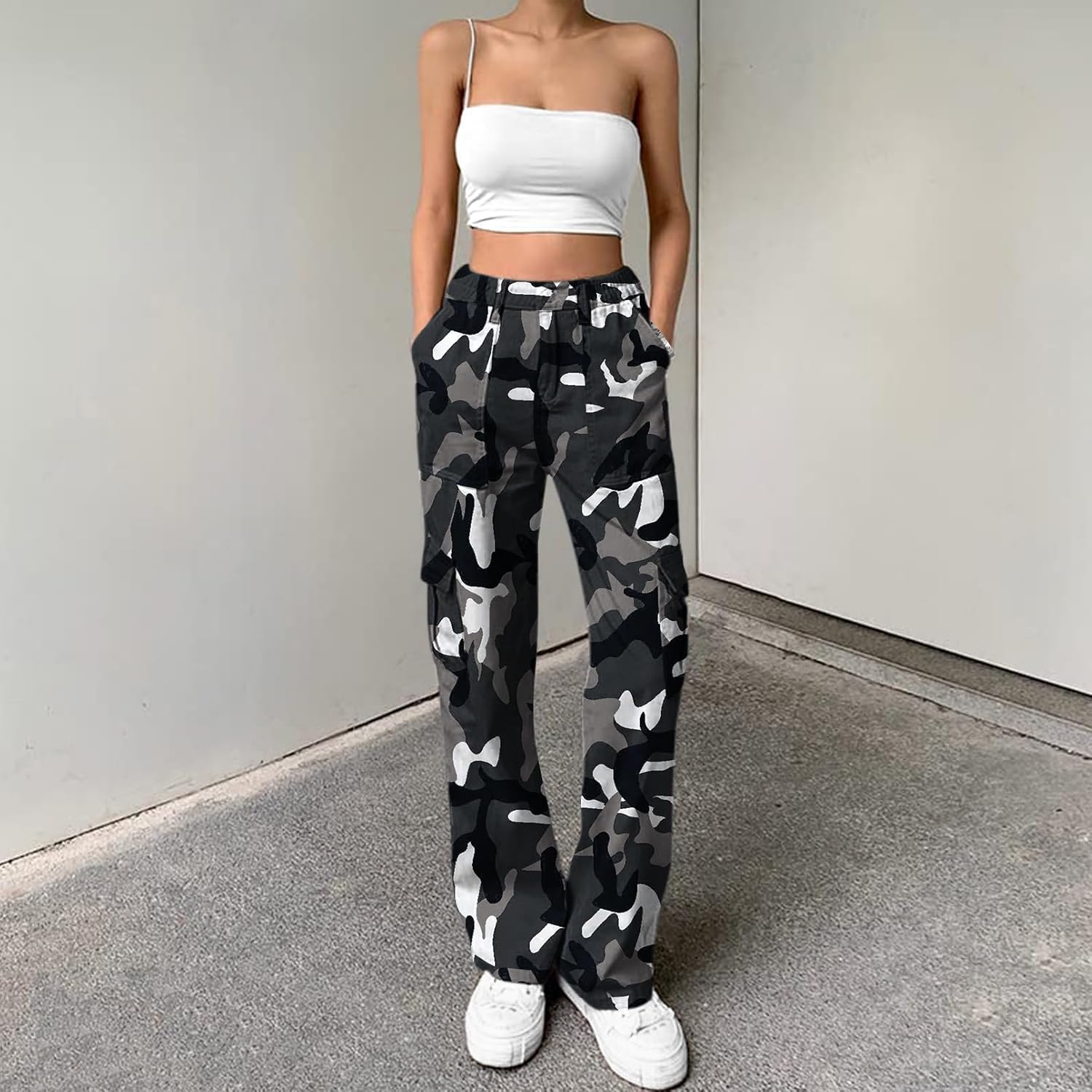 Lepunuo Cargo Pants for Women High Waisted Casual Pants Baggy Stretchy Wide Leg Y2K Streetwear with 6 Pockets