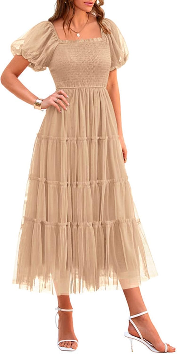 PRETTYGARDEN Women's Smocked Midi Tulle Dress 2025 Summer Puffy Short Sleeve Square Neck Ruffle Wedding Guest Party Dresses