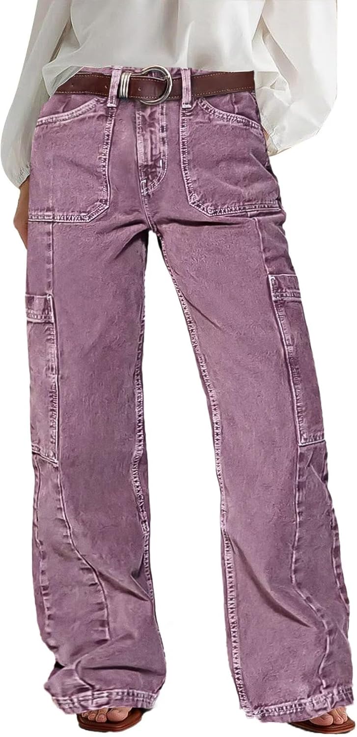 Flamingals Wide Leg Jeans for Women Mid Waist Baggy Stitch Decor Denim Washed Pants Without Belt