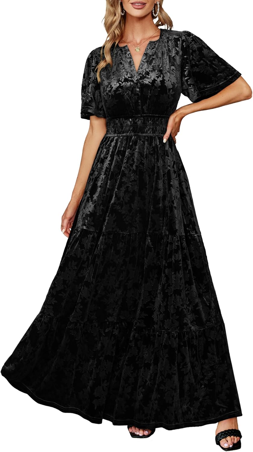 Amegoya Women's Velvet Short Sleeve V Neck Formal Wedding Guest Maxi Dresses Fall Evening Party Long Dresses