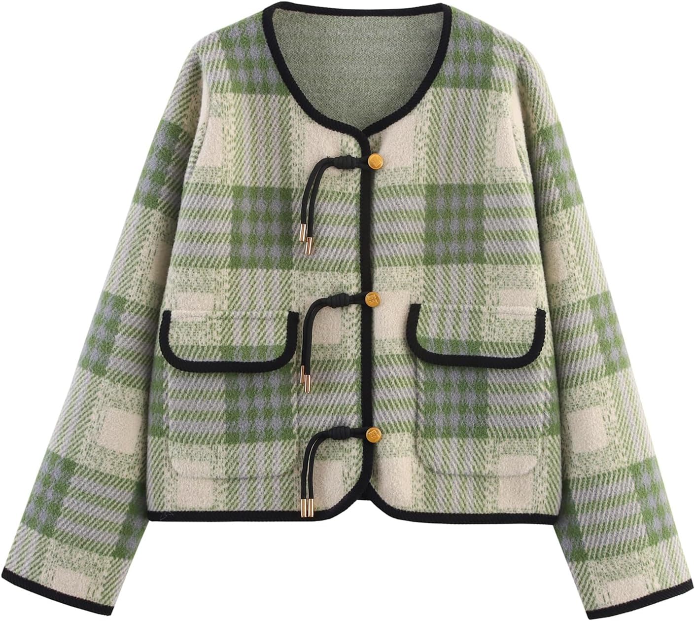 HOULENGS Women's Vintage Button Down Cardigan Sweater Plaid Print Long Sleeve Knit Coat with Pockets 2025 Fall Fashion