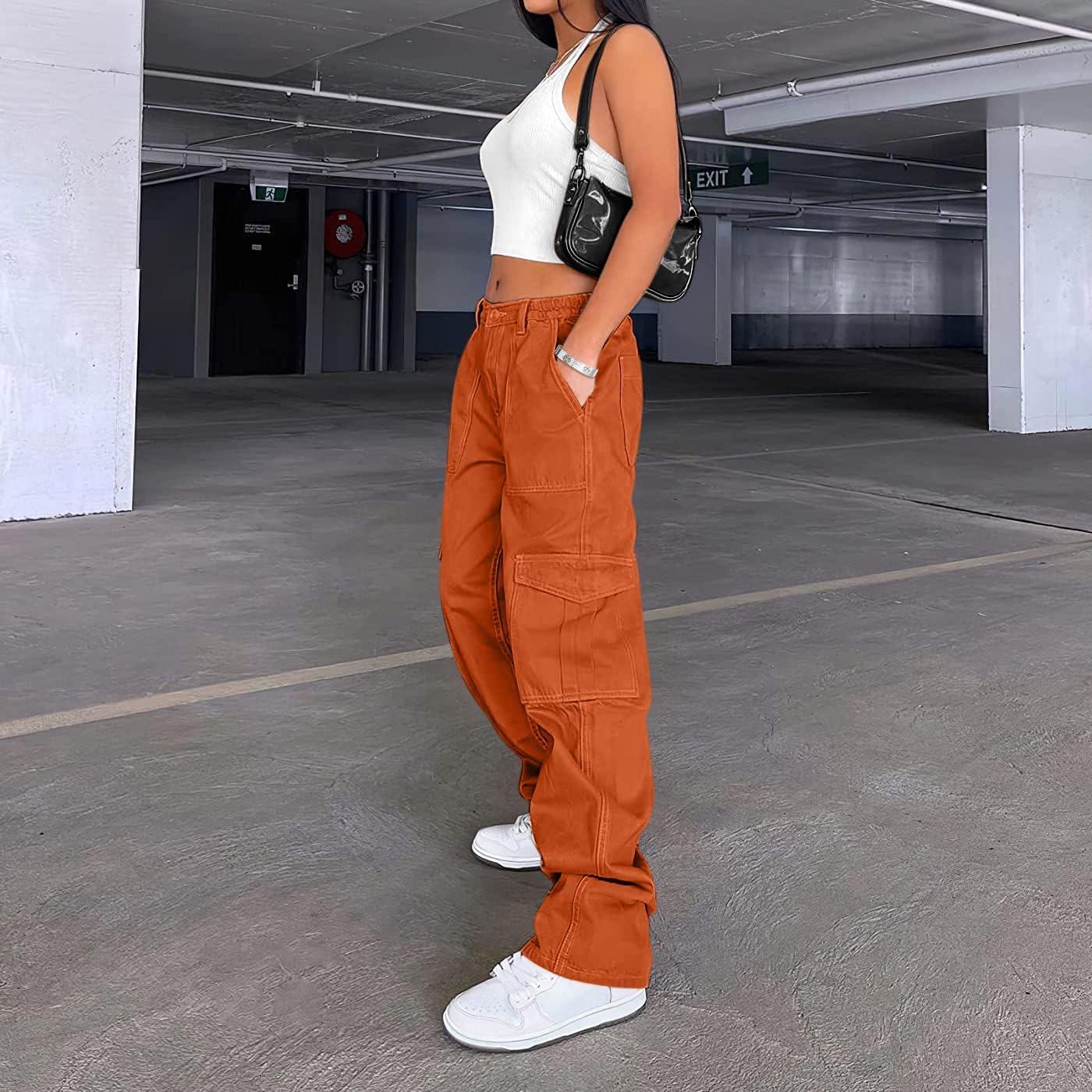 Lepunuo Cargo Pants for Women High Waisted Casual Pants Baggy Stretchy Wide Leg Y2K Streetwear with 6 Pockets