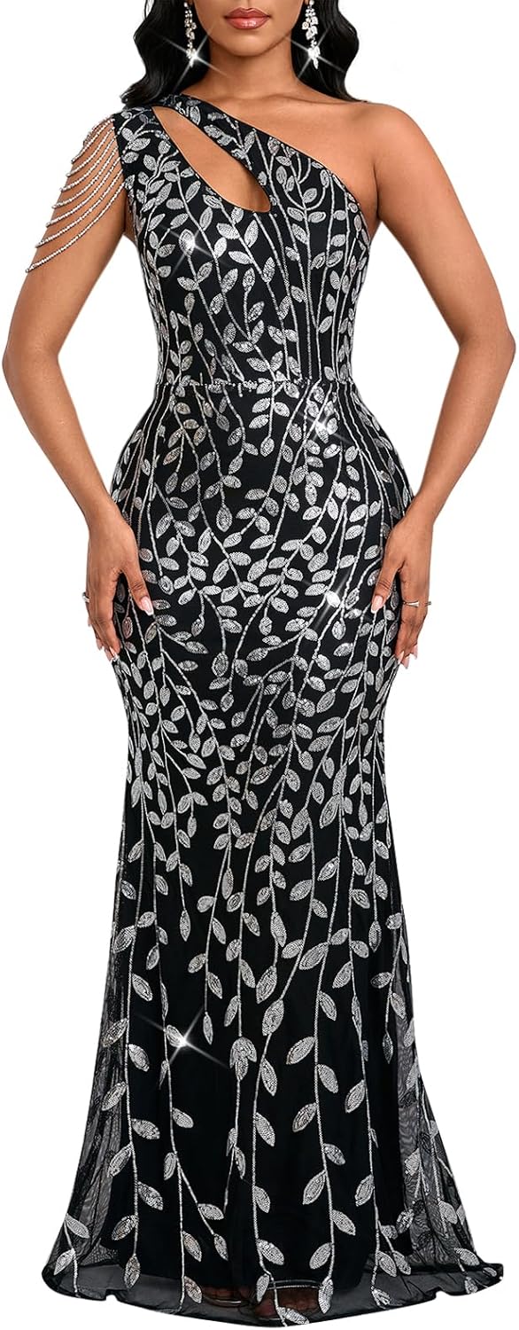 Cololura Women Sequin Elegant Sexy One Shoulder Tassel Mermaid Bodycon Cocktail Evening Dress