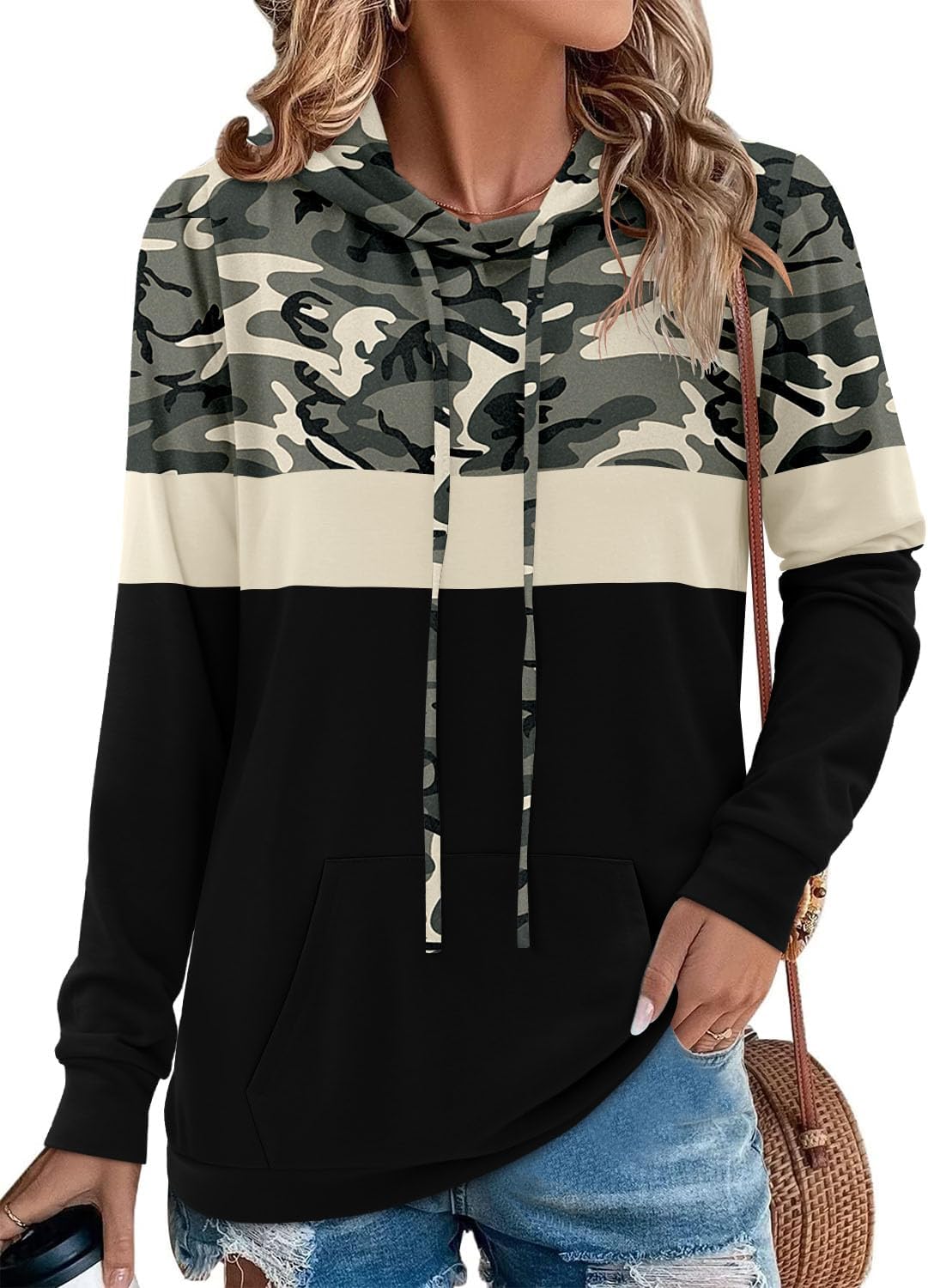 Angerella Hoodies for Women Camo Leopard Print Tops Pullover Hooded Sweatshirt Drawstring with Pocket