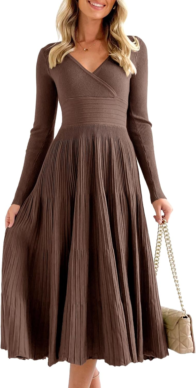 Saodimallsu Womens Long Sleeve Midi Sweater Dress Wrap V Neck Pleated A Line Fit Flare Elegant Knit Maxi Dress