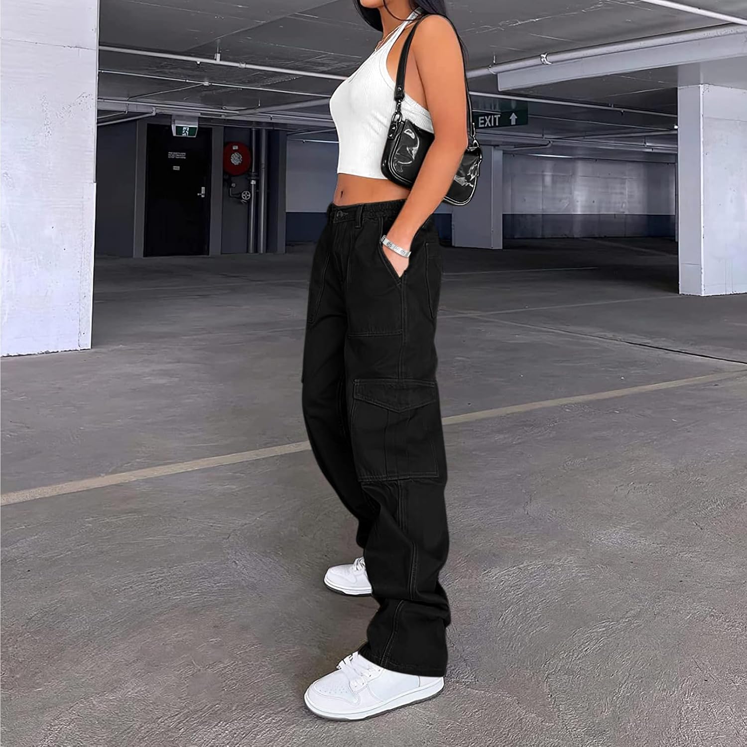 Lepunuo Cargo Pants for Women High Waisted Casual Pants Baggy Stretchy Wide Leg Y2K Streetwear with 6 Pockets