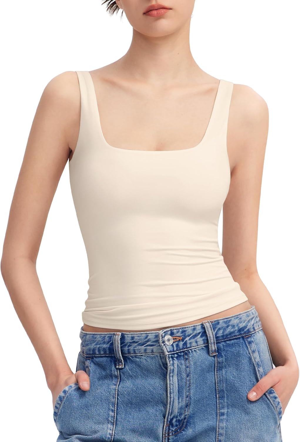 PUMIEY Women's Square Neck Tank Top Sleeveless Double Lined Basic Tops Sharp Collection