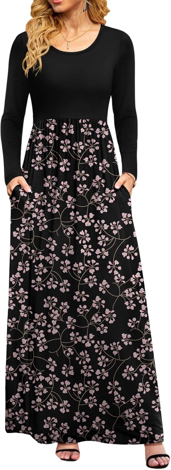 DB MOON Women Casual Long Sleeve Maxi Dresses Empire Waist Long Dress with Pockets