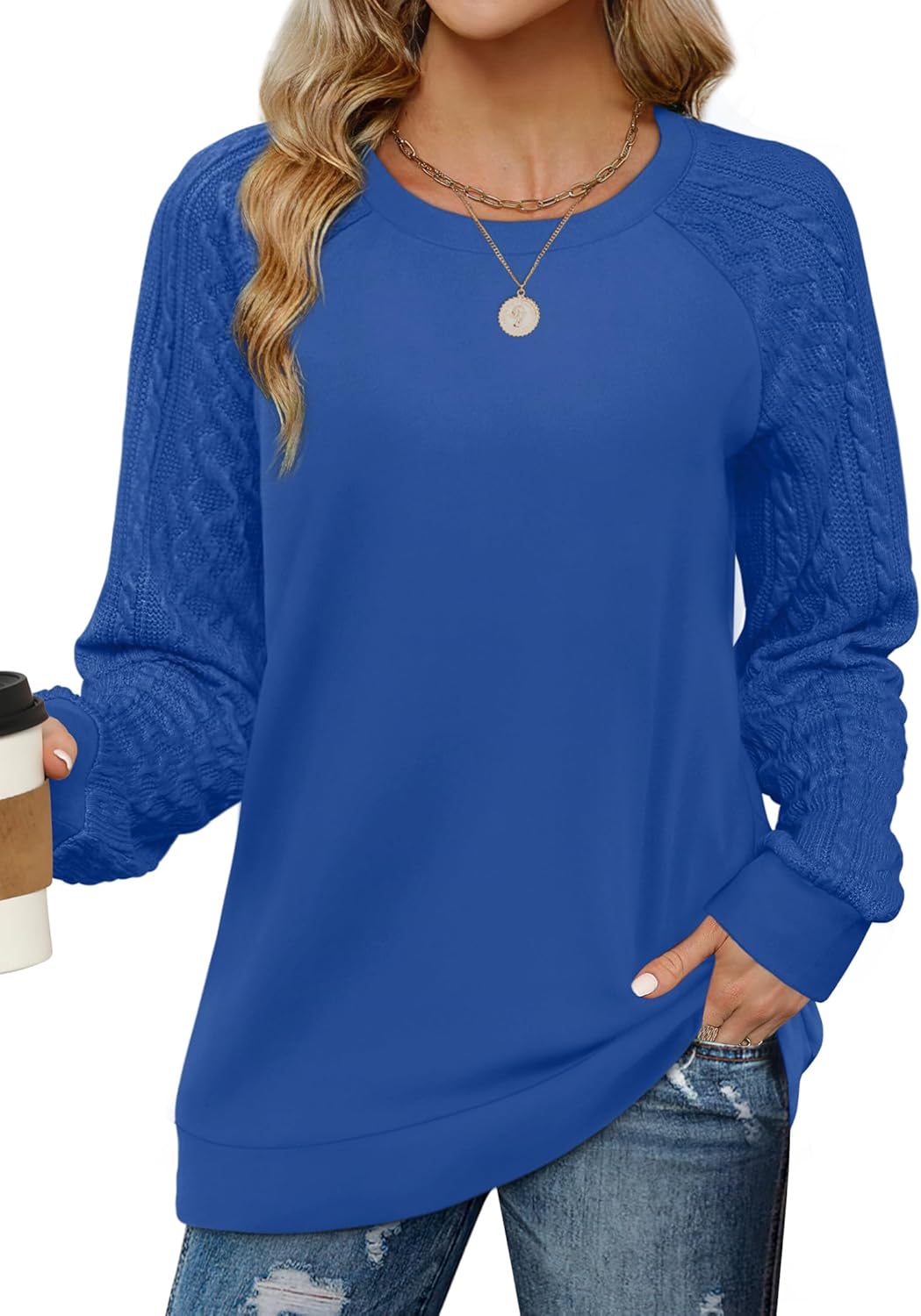 Saloogoe Sweatshirts for Women Crewneck Cable Knit Sleeve Sweaters Lightweight Fashion 2025