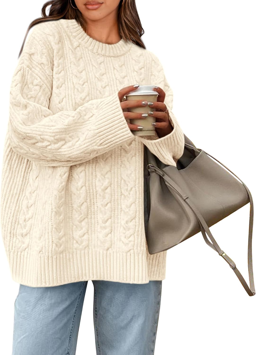 Okiwam Women's Oversized Sweaters Crewneck Cable Knit Pullover Casual Loose Fall Outfits Fashion Clothes 2025