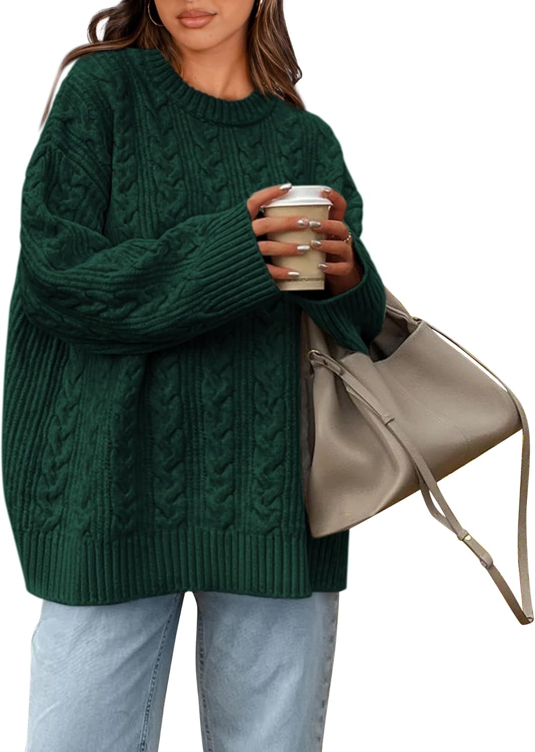 Okiwam Women's Oversized Sweaters Crewneck Cable Knit Pullover Casual Loose Fall Outfits Fashion Clothes 2025