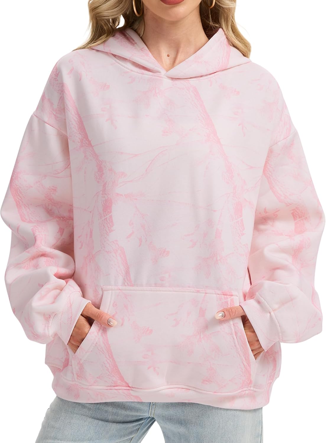 Womens Camo Hoodies Maple Leaf Print Oversized Hooded Sweatshirt Fleece Pullover Sweatshirts Long Sleeve with Pocket