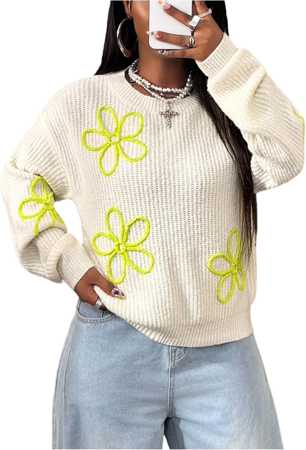 Women's 3D Floral Appliques Crewneck Sweaters Long Sleeve Drop Shoulder Pullovers Elegant Knit Tops
