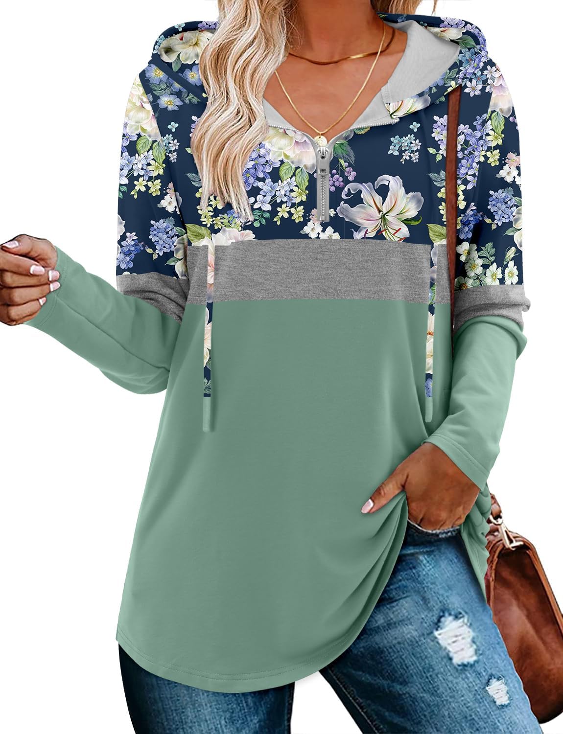 BETTE BOUTIK Womens Quarter Zip Tunic Hoodies Pullover Long Hooded Sweatshirts S-3XL