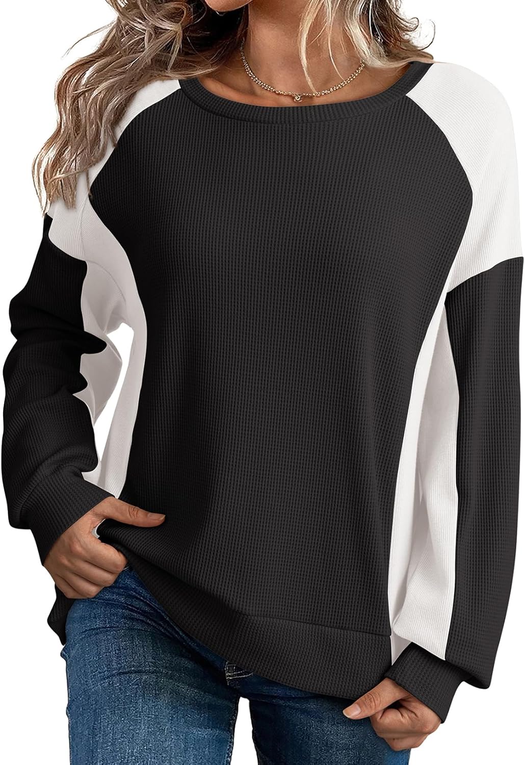Dokotoo Oversized Sweatshirt for Women Waffle Knit Color Block Crewneck Long Sleeve Casual High Low Pullover Sweatshirts Tops
