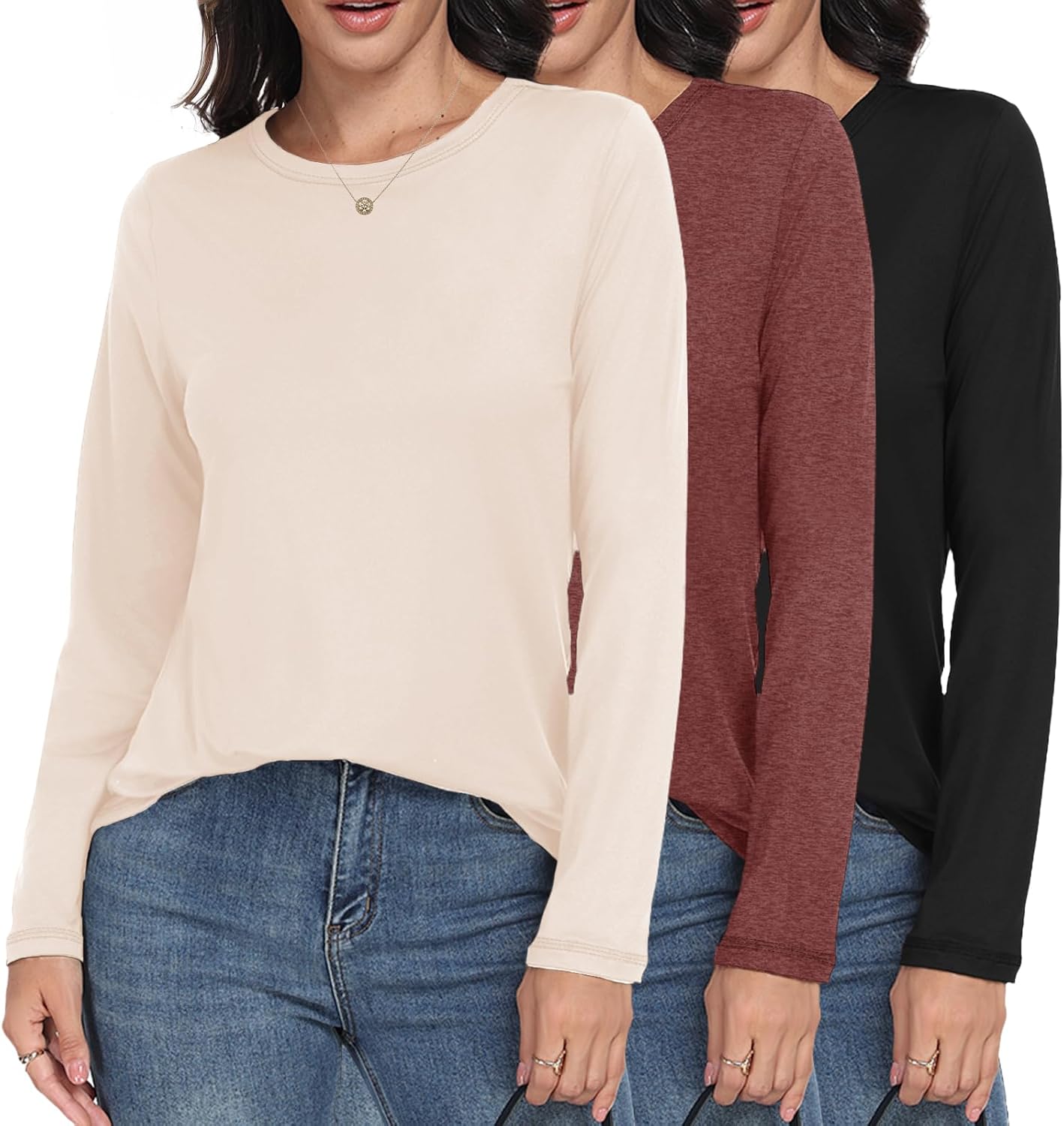 GAYHAY 3 Pack Long Sleeve Shirts for Women - Loose Fit Crew Neck Basic Tees Fall Tops Outfits Casual Clothes 2025