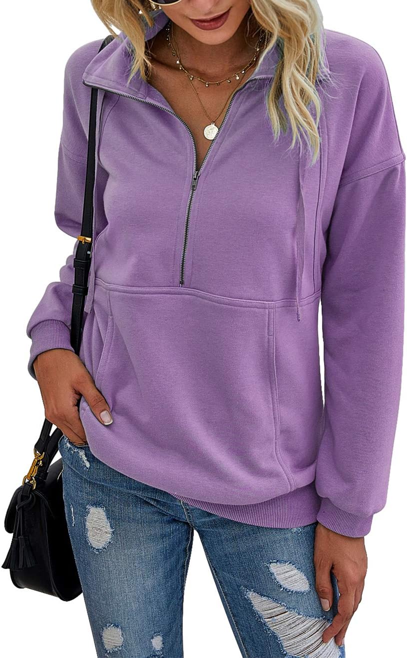 PRETTYGARDEN Women's Casual Long Sleeve Lapel Zipper Sweatshirt Drawstring Loose Pullover Tops