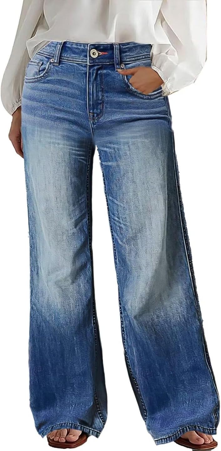 Flamingals Wide Leg Jeans for Women Mid Waist Baggy Stitch Decor Denim Washed Pants Without Belt