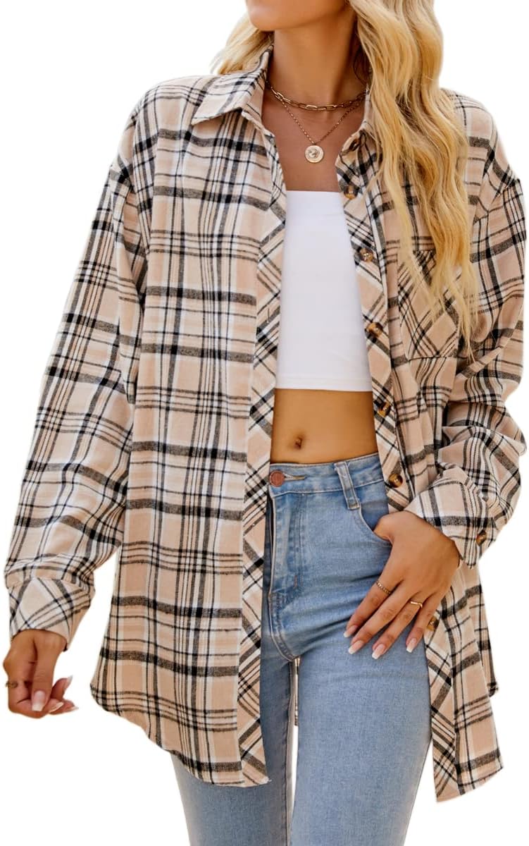 CHYRII Womens Button Down Flannel Shirts Long Sleeve Plaid Shackets Business Casual Blouse Top