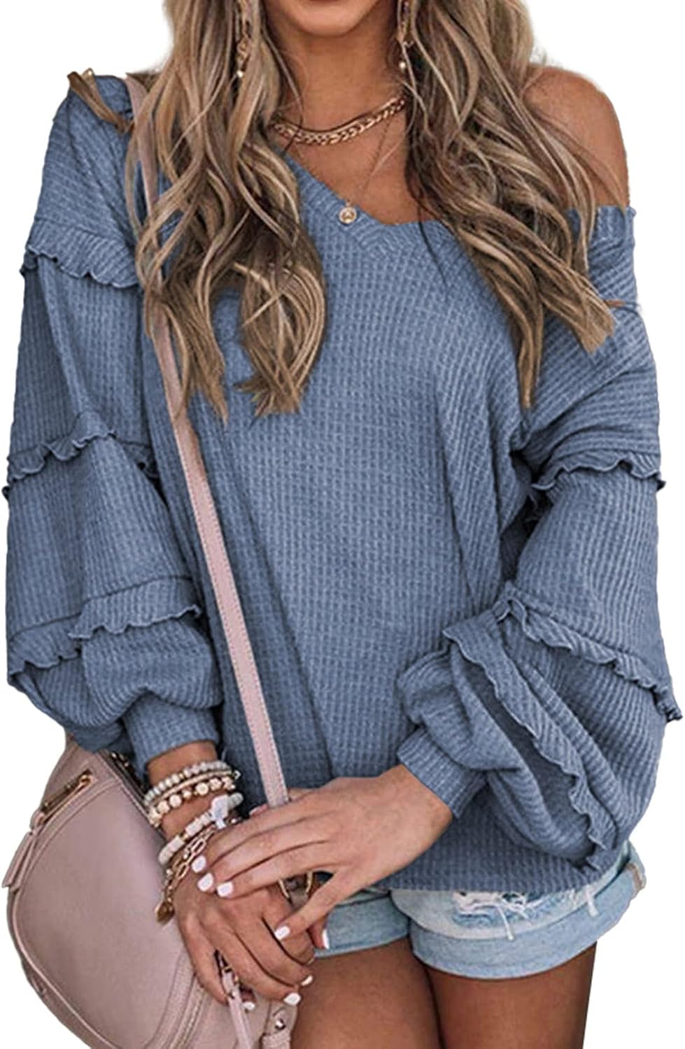BTFBM Women's V Neck Long Sleeve Blouse Loose Fit Tunics Ruffles Off Shoulder Waffle Knit Solid Color Tops Fall Tee Shirts