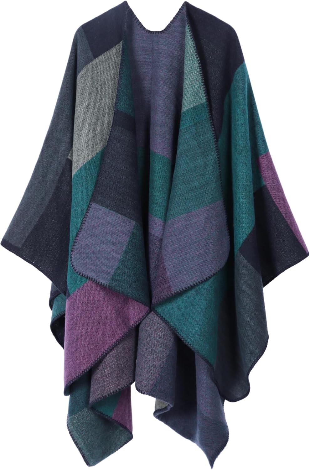 Bestshe Women's Boho Open Front Poncho Knitted Plaid Shawl Wrap Cape Tassel Cardigan Sweater