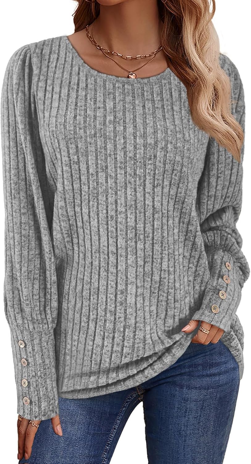 Lylinan Womens Ribbed Knit Long Sleeve Tops Casual Button Cuff Pullover Sweaters Blouses S-XXL