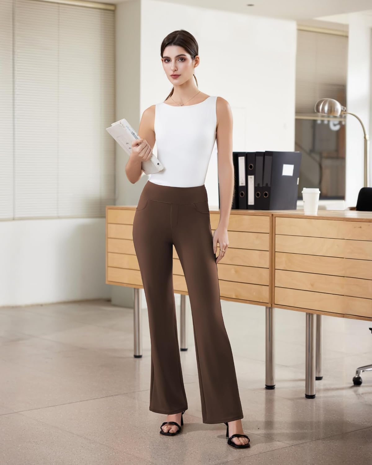 Womens Dress Pants Stretchy Work Pants Business Casual Office Trousers Pull On Flare Slacks with 4 Pockets