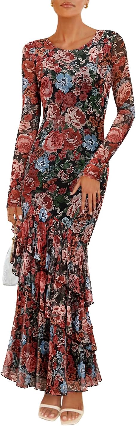 ZESICA Women's Fall Floral Wedding Guest Bodycon Dresses 2025 Long Sleeve Crewneck Mesh Ruffle Mermaid Party Maxi Dress