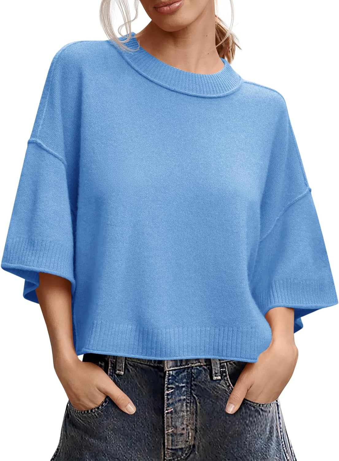 Saodimallsu Womens Short Sleeve Sweater Summer Oversized Cropped Sweaters Casual Crewneck Lightweight Knit Tops