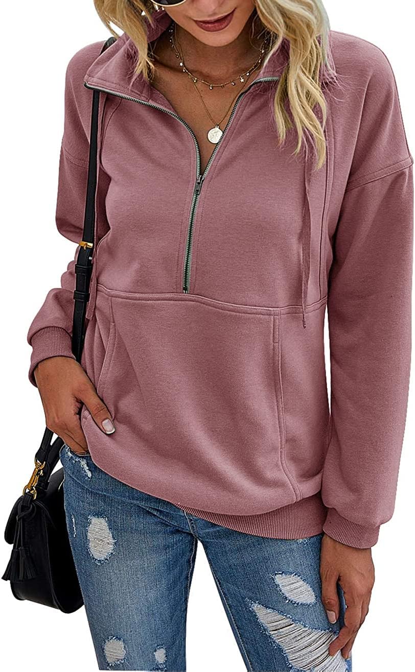 PRETTYGARDEN Women's Casual Long Sleeve Lapel Zipper Sweatshirt Drawstring Loose Pullover Tops