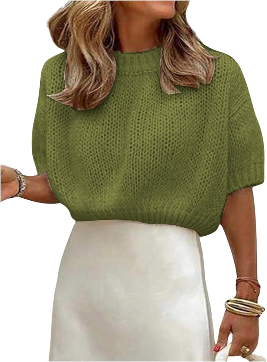 GORGLITTER Women's Puff Sleeve Crewneck Knit Shirt Top Short Sleeve Solid Loose Sweater