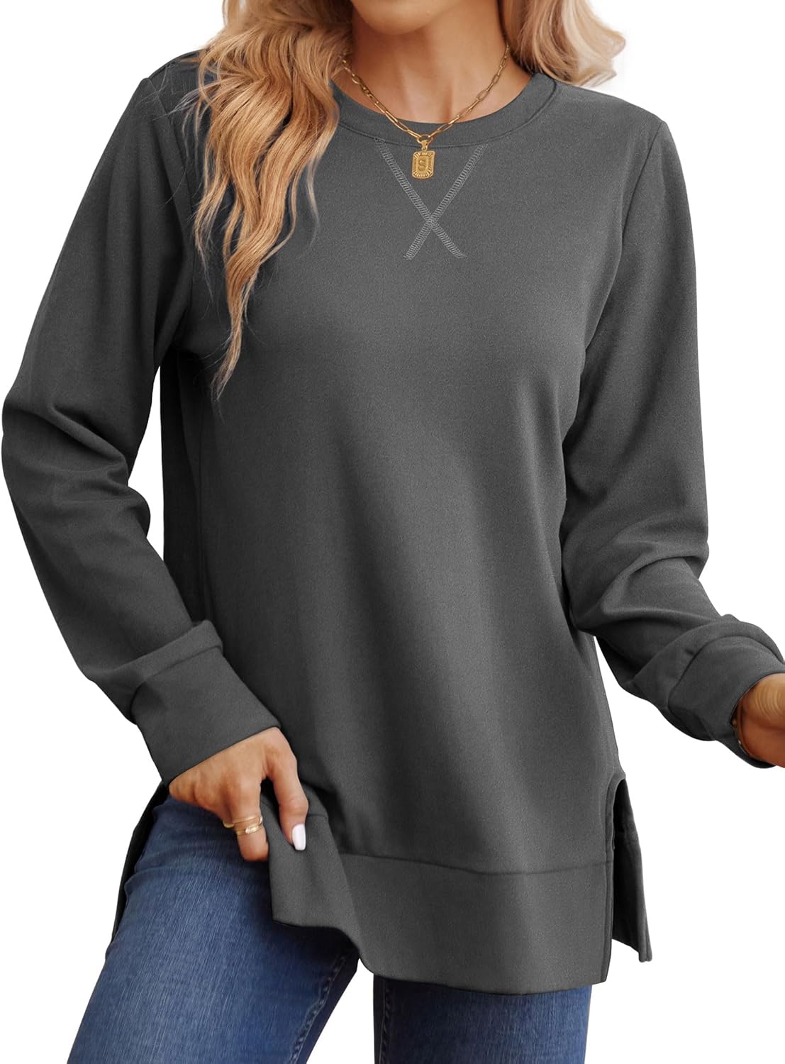 Saloogoe Sweatshirt for women Side Split Fall Fashion 2025 Long Sleeve Shirts Trending Now