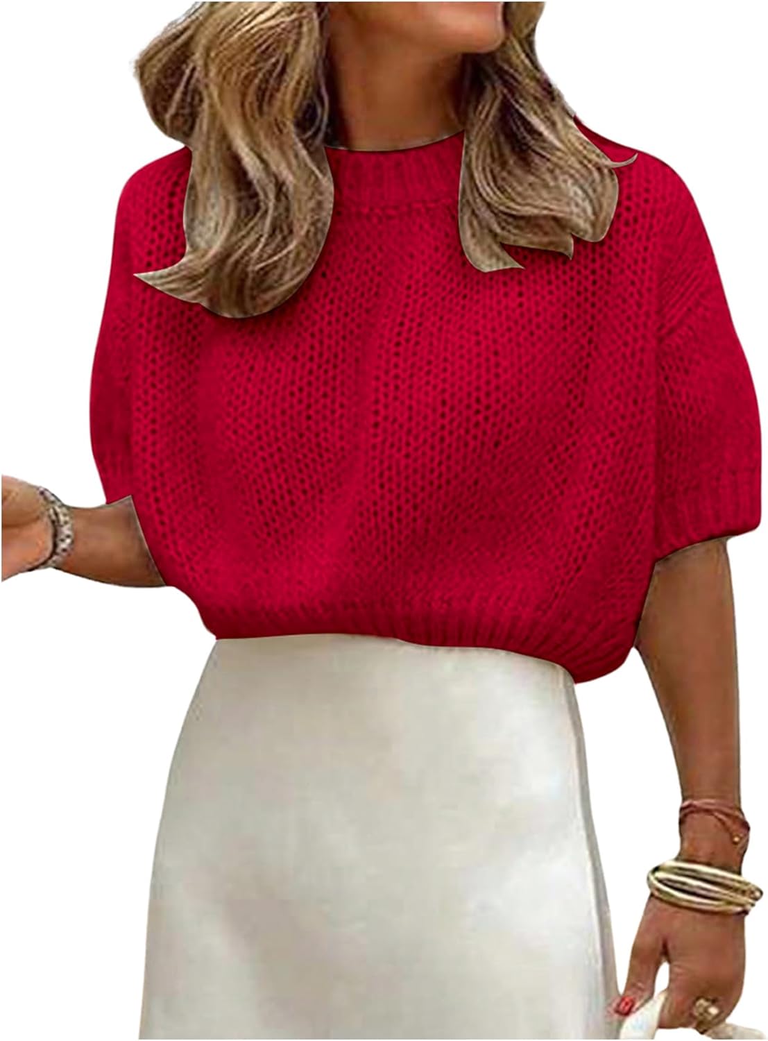 GORGLITTER Women's Puff Sleeve Crewneck Knit Shirt Top Short Sleeve Solid Loose Sweater